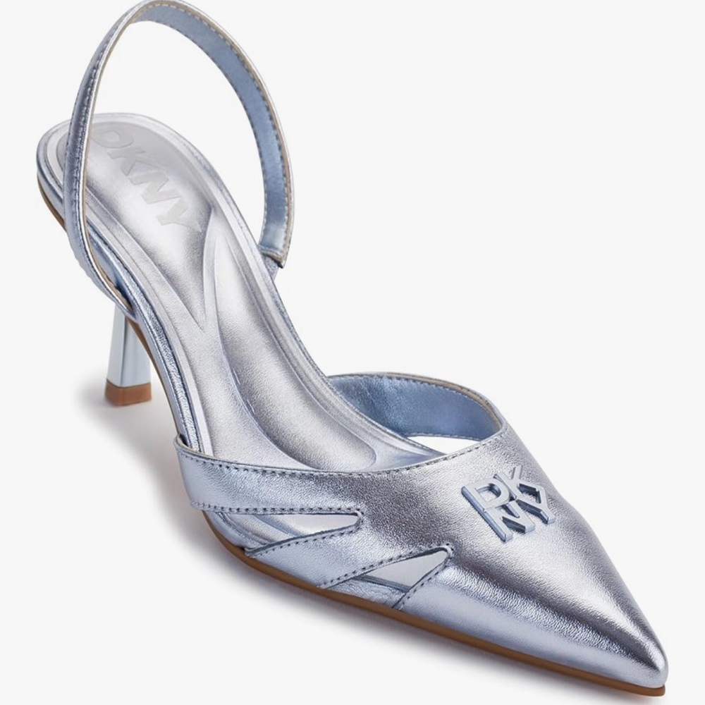 DKNY Metallic Silver Pointed Toe Slingback Heels